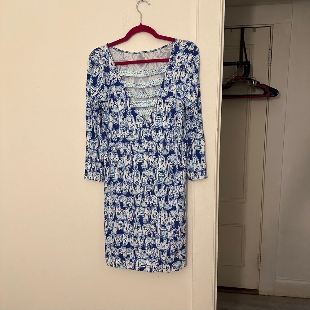 Lily Pulitzer Ophelia Blue White Get Trunky Elephant Print Swing Dress Medium - Picture 7 of 7